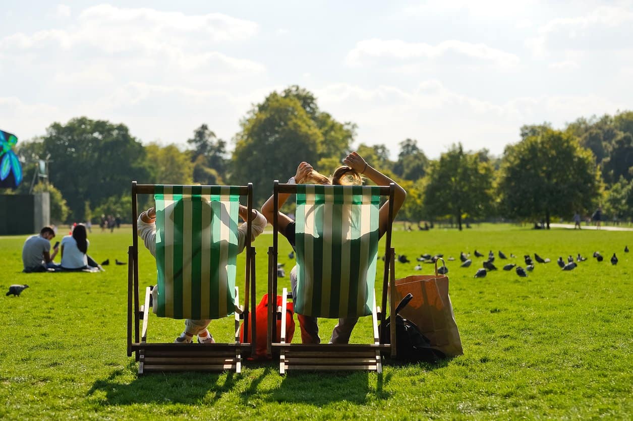 Relaxing in deck chairs in Hyde Park