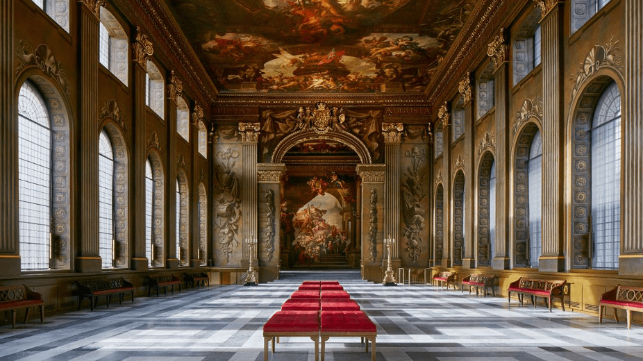 The ceiling of the Painted Hall in Greenwich featuring mythological and royal figures